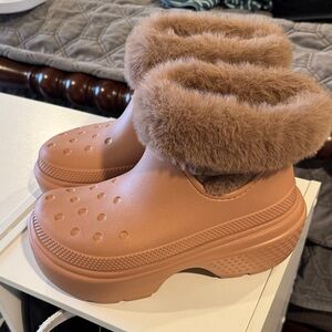 CROCS Women's Faux Fur Clog Mules in Chestnut